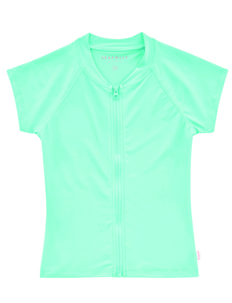 Seafolly Girls Summer Essential Short Sleeve Zip Front Rashie - Bahama Blue/aquamarine