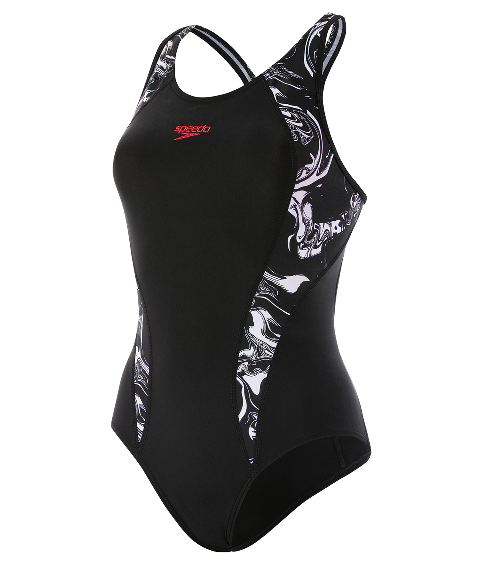 Speedo Ladies Printed Fit Laneback Swimsuit  Black/White